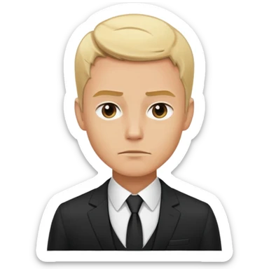 Man with stern expression, short blonde hair, strong jawline, wearing a suit sticker