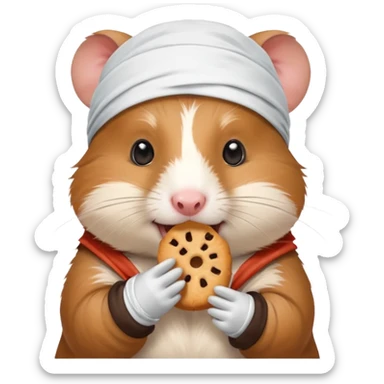 A cheerful hamster patient with head bandage, nibbling a treat for comfort.
 sticker