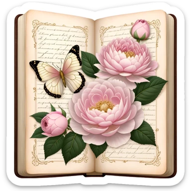 An aged botanical journal, its golden-edged pages filled with delicate pressed pink roses, white peonies, and blush dahlias, as a pearl butterfly delicately rests on the handwritten notes.
 sticker
