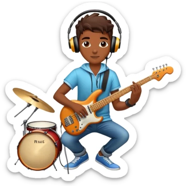 Icon for R&B Music Listening: large concert speakers and headphones with waves of musical notes coming out, along with drums, bass guitar and saxophone. The icon should convey the energetic and rhythmic vibe of R&B music. Transparent background sticker