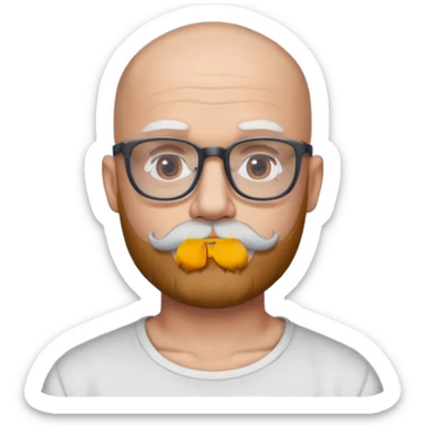Bald man with salt and pepper beard and rectangle glasses and shoulder tattoos  sticker