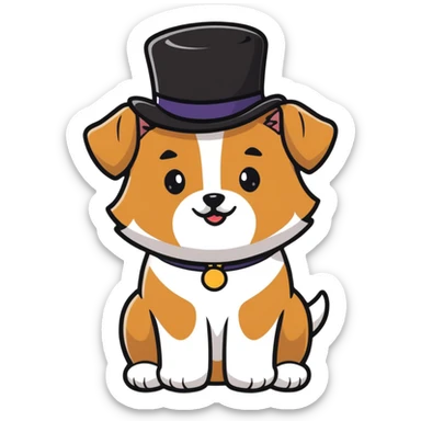 cute small tan and white dog with black nose, black round eyes, curly fluffy medium length hair, wearing a top hat sticker