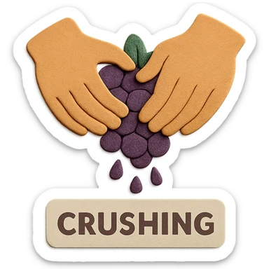 An icon illustrating the 'crushing' step in wine making process, in paper craft style. The image clearly shows hands crushing grapes. Background is transparent as requested. sticker