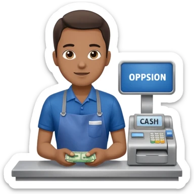 Supermarket employee at a cash register, full body, serving a man sticker