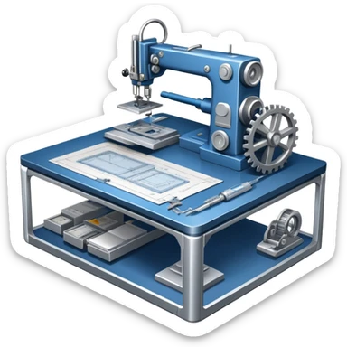 An icon featuring an engineer’s desk with blueprints, a ready machine, and microchips, symbolizing engineering. The design includes gears, tools, and a caliper, representing the design and construction of innovative technologies. Transparent background highlights the precision sticker