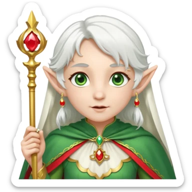 an elf with very white hair and two long PONYTAILS/pigtails on the side of her head, she has a curtain bang, green eyes, she has a white cape with golden borders and a scepter with a red orb, she has earrings that look like red drops sticker
