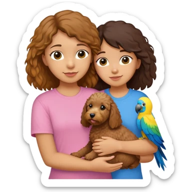 One girl with medium long dark brown hair dressing baby pink T-shirt, hugging One little brown coated labradoodle and a yellow-headed, blue-bellied macaw sticker