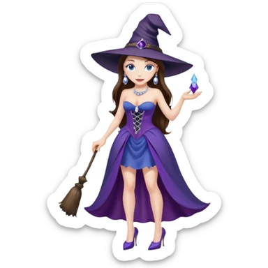 sexy woman brunette, very large breasts, pale skin, blue eyes, long brown hair, purple strapless dress, witch hat, pearl earrings, smirking, in high heels, standing, head to toe, full body, zoomed out, entire outfit visible sticker