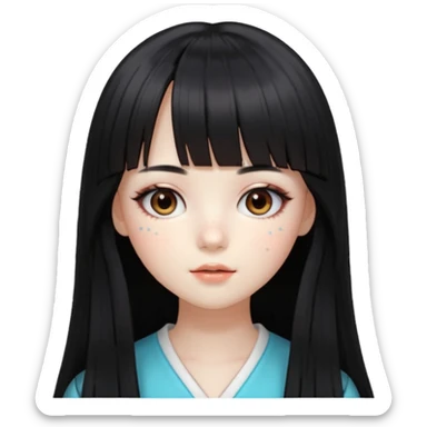 pale girl , who has silky straight extremely long black hair with bangs , chestnut monolid eyes , and doll like makeup , dressed like a kpop idol , has freckles sticker