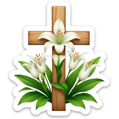 A wooden cross with white lilies around the bottom.. No lilies on the centre of the cross.  sticker