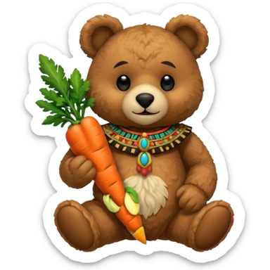 teddy bear Upper eat carrot , wearing black mayan ancient custome, half body sticker