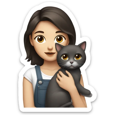 A girl with brown eyes and dark brown hair holding a white and dark grey cat  sticker