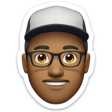 Young man, with brown hair and brown beard, thick eyebrows and black sight glasses. Big nose. Half closed brown eyes. Wearing a Nike cap sticker