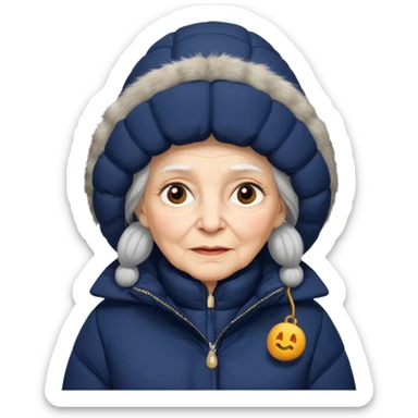 old woman in navy puffy winter coat sticker