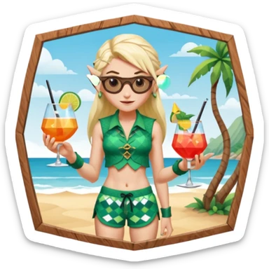 elf female legolas portrait, patterned board shorts (geometric/abstract), unique wooden-framed sunglasses, undercut hairstyle, slight smirk, visible pointy ears, no background, centered emoji, hipster summer vibe coctails  sticker