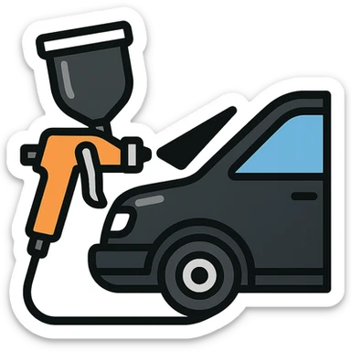 paint spray gun pointing at a section of a car, light layer of glossy black paint spraying out, main color glossy black with silver details, clean lines, modern and clean style, no excess paint sticker