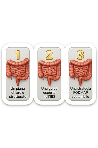emoji stile iphone di 3 targhette numerate con intestino realistico davanti ad ogni targhetta, le targhette sono:
"1 – Un piano chiaro e strutturato
2 – Una guida esperta nell’IBS
3 – Una strategia FODMAP sostenibile"
, iperrealistico 4k sticker