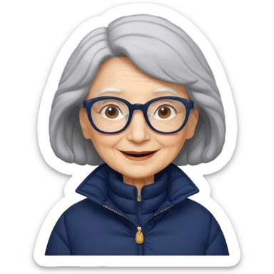 old wo man in navy puffy winter coat, wearing glasses sticker