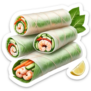 Cinematic Realistic Vietnamese Summer Rolls Dish Emoji, depicted with delicate rice paper wraps filled with fresh vegetables and shrimp rendered with crisp textures and refreshing lighting. sticker