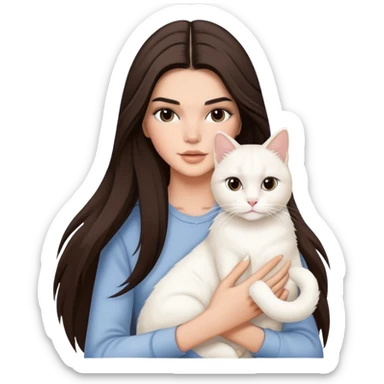 brunette Kendall Jenner with long hair holding on the hands white cat sticker