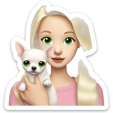pale blond girl with long platinum hair with green eyes holding a white chihuahua puppy that wearing a pink bow sticker