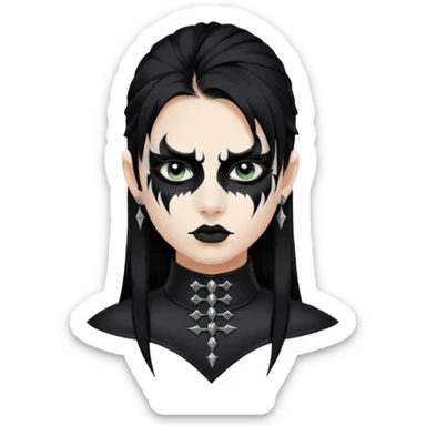Crea una ragazza con stile black metal,  paint face black metal, capelli neri mossi dalle spalle e occhi bianchi e un collare con borchie a punta sticker