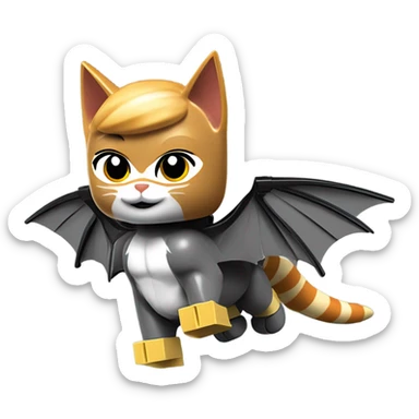 Lego Batman riding a Grey and black tabby kitten with white legs, razor sharp talons and wings of fire  sticker