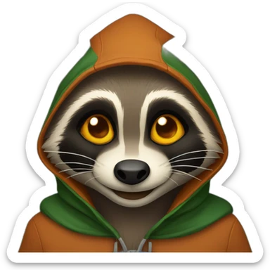 brown raccoon with orange eyes and a dark green hood that is smiling sticker