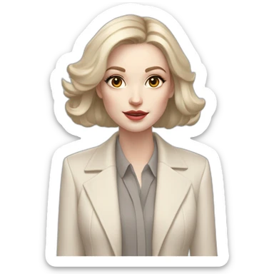 pale skin woman with ash blonde Straightened bob Hair, White Spacious classical jacket, beige palazzo Arrow pants and gray blouse holding RAL colour palette in the hands sticker