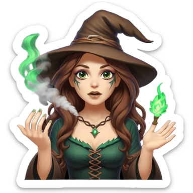 forest witch woman long wavy brown hair tattoos blowing glowing powder toward viewer sticker