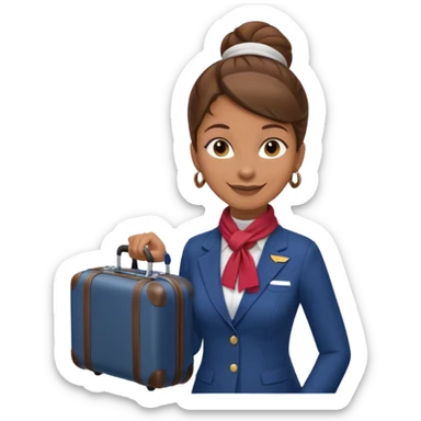 flight attendant, Light Brown skin, brown hair in single bun, neck scarf, suitcase sticker