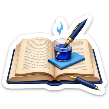 Create a vibrant emoji representing prose writing. The design should feature an open book with pages showing unfinished prose, a classic fountain pen or quill with black or dark blue ink, and an ink bottle (inkwell) next to it. The pages should have visible lines of text, but some should remain unfinished, symbolizing the creative process. Use warm, earthy tones like brown, gold, and cream for the book and background, with the ink and pen in black or dark blue. The emoji should convey the idea of storytelling, creativity, and the unfinished nature of literary work. Make the background transparent. sticker