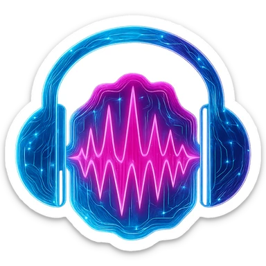 Transform the Audacity logo into a cyberpunk, holographic style with glowing neon blue and pink edges. Add intricate circuit patterns throughout the headphones and waveform, maintaining the recognizable shape of the headphones and waveform. Overlay neon and circuit effects in a futuristic, clean cyberpunk style with a consistent glow and intricate circuit details. The background should be transparent to highlight the holographic neon effect. sticker