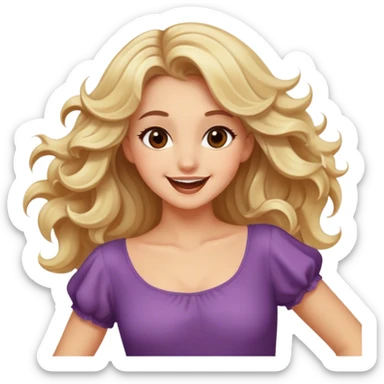 Pretty blonde model, brown eyes, soft wavy hair, happy dance sticker