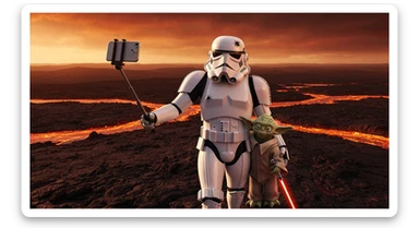Starwars stormtroopers vlogging selfie, he is walking on lava planet with yoda sticker