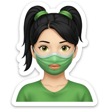 Chica con cabello negro en una coleta y una mascarilla verde claramente relajada  sticker
