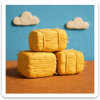 stacked hay bales with a blue sky background, playful and colorful, claymation style sticker
