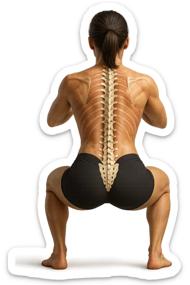 donna di spalle che fa squat con spina dorsale anatomica in evidenza, iperrealistica 4k sticker