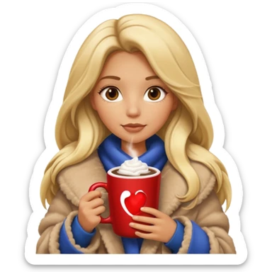 Tanned Girl with lashes , blonde hair, in an extremely big fluffy oversized coat and hold hot chocolate drink and more look like apple emoji face sticker