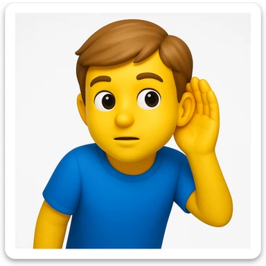A 3D emoji in iOS emoji aesthetic style of a person wearing a blue t-shirt, holding one hand to their ear while leaning slightly forward as if trying to listen carefully, curious and attentive expression, glossy Apple

 sticker