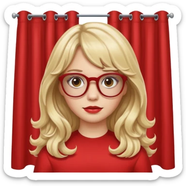 White skin Girl with blonde long wavy hair with curtain bangs and brown glasses wearing red sticker