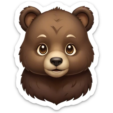 Cinematic Noble bear cub Portrait Emoji, Poised and regal, with a large, imposing build and a thick, well-groomed rich dark brown fur, deep-set soulful eyes, Simplified yet sharp and sophisticated features, highly detailed, glowing with a soft, dignified glow, high shine, intelligent and formidable, stylized with an air of wild majesty, focused and attentive, soft glowing outline, capturing the essence of a watchful and commanding guardian, so majestic it feels as though it could lumber out of the screen with effortless authority! sticker