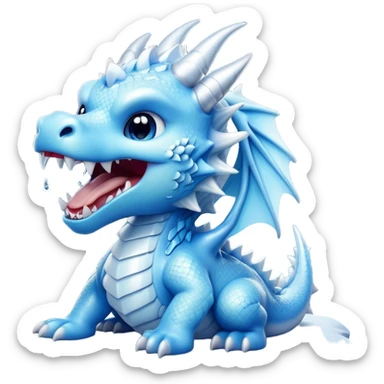 Cinematic Cute Yawning Beautiful Ice Dragon Portrait Emoji, Head tilted slightly with a dramatic, wide-open yawn, revealing a softly crystalline body with subtly drooping, frost-laden scales in cool blues and silvery hues, each detail rendered with natural icy finesse; high shine, relaxed yet elegant, styled with a dash of enchanted winter charm, soft glowing outline, capturing the essence of a sleepy yet graceful ice drake ready to stretch out and melt into a serene, frozen slumber! sticker