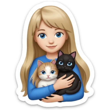 Apple-style emoji sticker of a young woman with long dark blond hair and bangs, blue eyes , holding a black-and-white cat on her chest, both smiling.  sticker