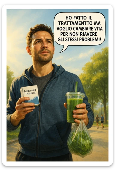 A realistic, cinematic illustration of a man in his early 30s with a determined and hopeful expression, standing outside under a bright morning sky, holding a small box labeled 'Antiparasitic Treatment' in one hand, while in the other hand he holds a fresh green smoothie or a bag of vegetables. A speech bubble near him says: ‘Ho fatto il trattamento ma voglio cambiare vita per non riavere gli stessi problemi!’ The man is wearing casual but clean and sporty clothing, symbolizing a fresh start, with the background showing a city park with green trees, morning light, and people jogging, indicating a healthy lifestyle. The atmosphere is bright, uplifting, and motivating, clearly illustrating the transition from treatment to lifestyle change to prevent future health issues. The style is realistic with warm tones, showing positive energy and commitment to change in italiano sticker