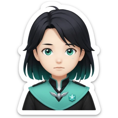Tokito Muichiro emoji style — calm boy with long black hair fading mint green, turquoise eyes, pale skin, dreamy face, wearing dark Demon Slayer uniform, black + teal tone, anime cute clean style. sticker