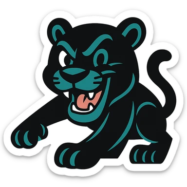 cartoon panther inspired by Penrith Panthers, playful expression, black fur, teal accents, mascot style sticker