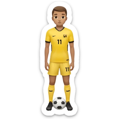 Apple emoji style 23 year old soccer player standing hands on waist, yellow jersey #11, soft shadows sticker