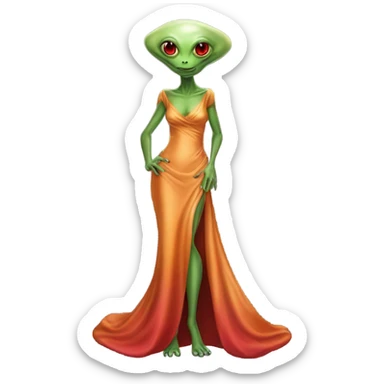 reptilian green alien woman, in long slim pastel orange formal party satin dress with gradient shiny sparkling dark red, full figure, full body sticker