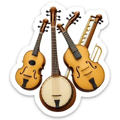 Design a complex, festive, and professional emblem-like emoji representing plucked string instruments. The composition should resemble a heraldic crest, featuring iconic instruments like a banjo, mandolin, domra, and sitar, artistically arranged in a balanced and symmetrical layout. The necks of the instruments should extend upward, intertwining with a flowing ribbon of musical notes, which weaves elegantly around the strings and headstocks. The design should incorporate intricate details, such as carved patterns on the instruments and decorative fretboards, while maintaining clarity and recognizability. Use a rich and celebratory color palette with gold, deep brown, and vibrant accents, adding subtle highlights and shadows for a polished, three-dimensional look. Include ornate elements like laurels, swirls, or subtle engraving to enhance the emblematic feel. The background should be transparent to highlight the composition as a standalone emblem. sticker